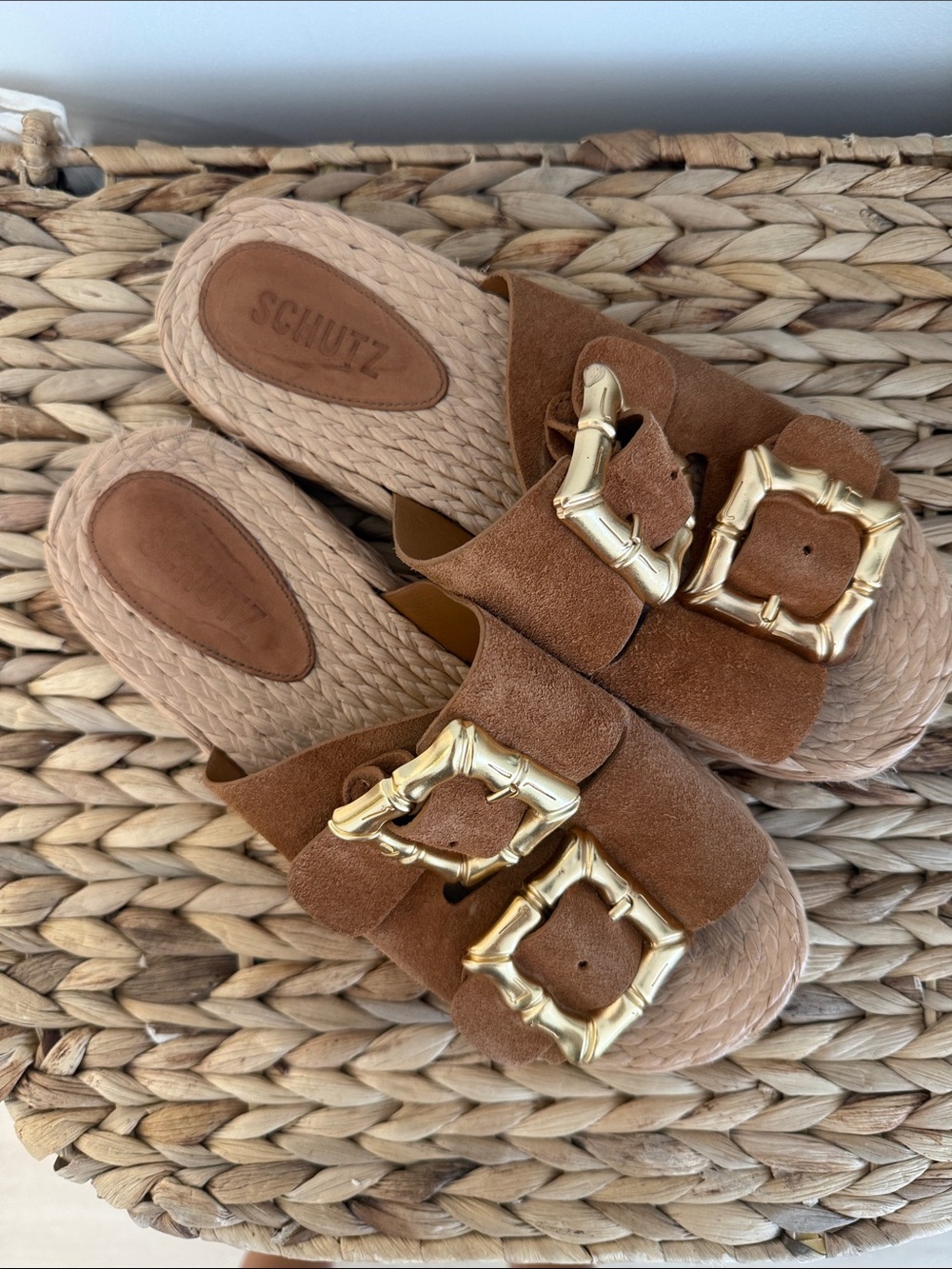 SCHUTZ Tan Suede Slide Sandals with Gold Buckle Accents